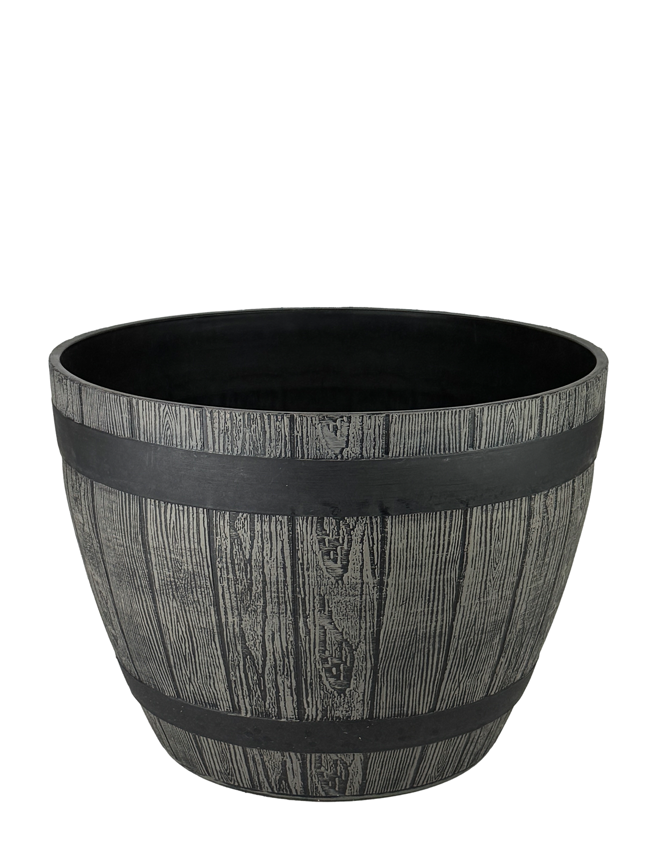 A high-angle view of the Recycled Plastic Barrel Planter, showcasing its realistic wood finish and rustic design. The barrel shape offers ample space for plants, flowers, and herbs, making it an ideal addition to both indoor and outdoor spaces.
