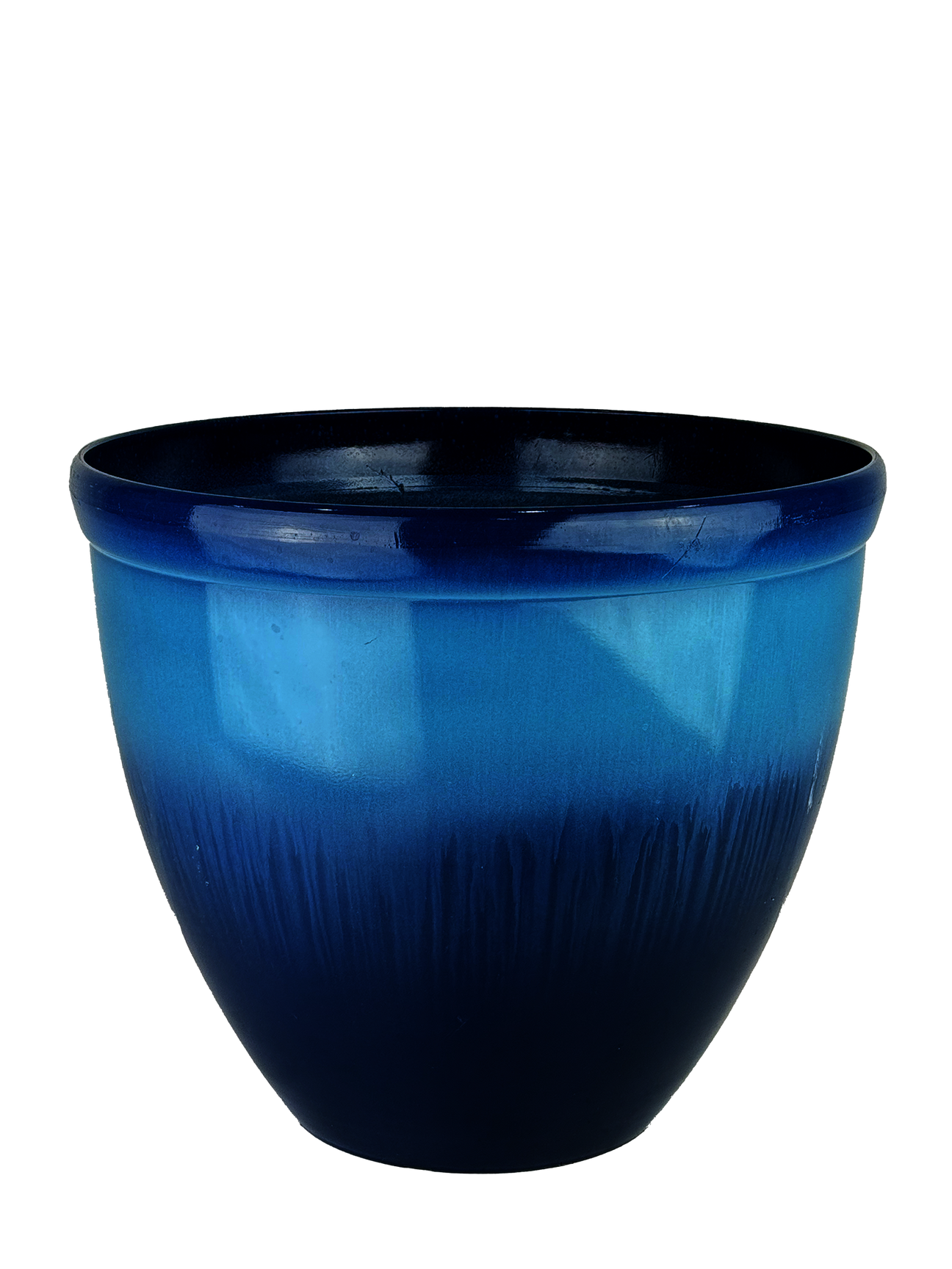 A high-angle view of the Sky Blue Laser Glaze Planter, featuring its vibrant sky blue hue and classic lines. The durable recycled blend ensures long-lasting use, resistant to UV and frost damage, ideal for both indoor and outdoor spaces.