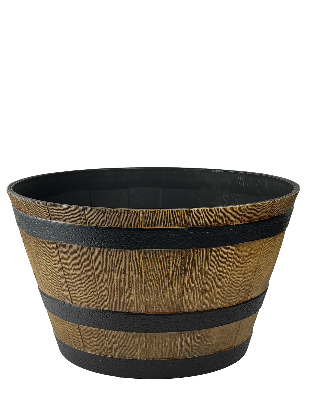 High-angle view of a weather-resistant planter with a realistic wood finish, designed in a classic barrel shape. Its lightweight, recycled plastic construction mimics natural wood for a rustic yet modern appeal.